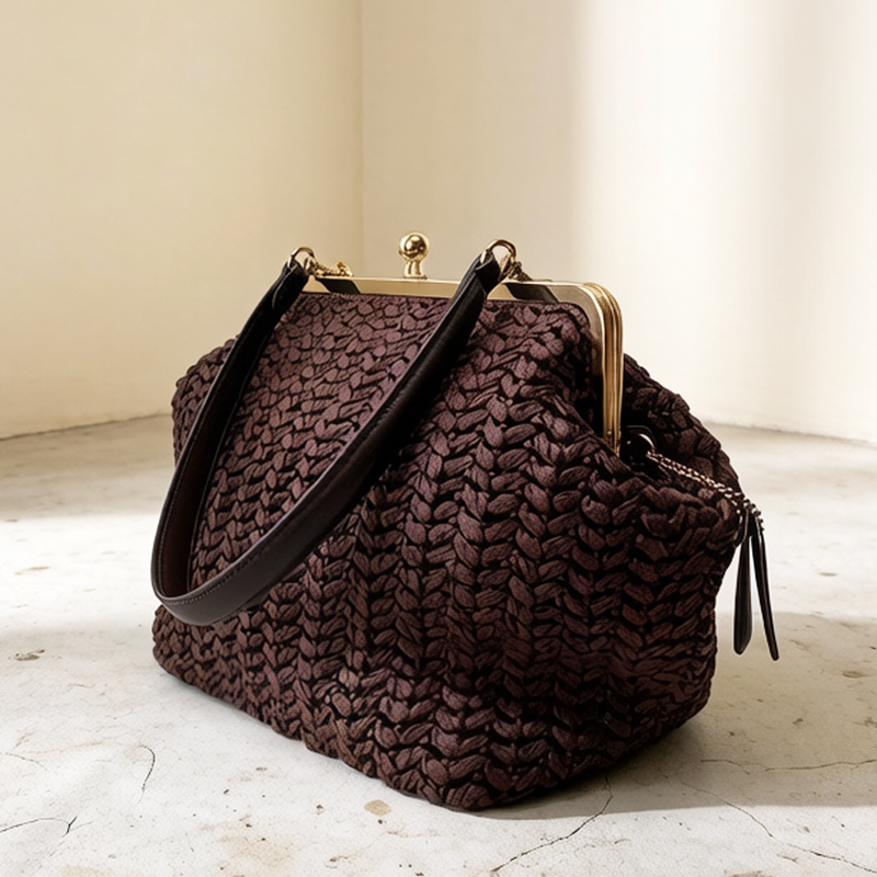 Luxury Bags Reseller - Handgewebte Kisslock-Rahmen-Schultertaschen aus Raffia für Damen
